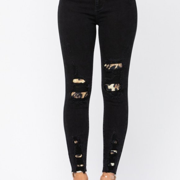 Judy Blue Black Destroyed Leopard Patch Jeans - Picture 4 of 9